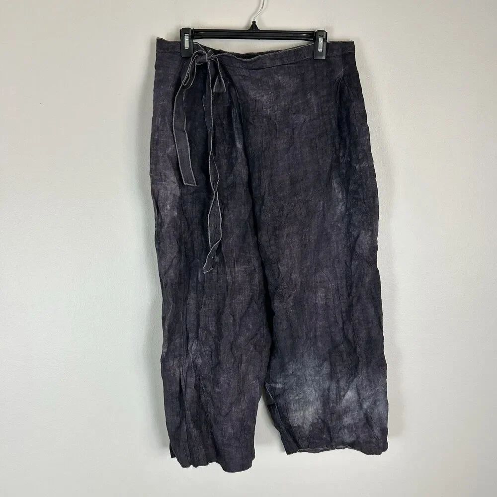 Zara Linen Pareo Pants Wrap Design Wide Leg Women’s Sz L Sarong Gray Tie Dye